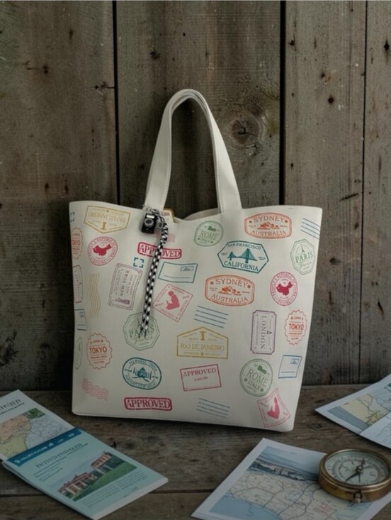 The Unbranded Brand Handbags - Travel Passport Stamp Print Canvas Tote Bag & Camera Bag Charm 📸